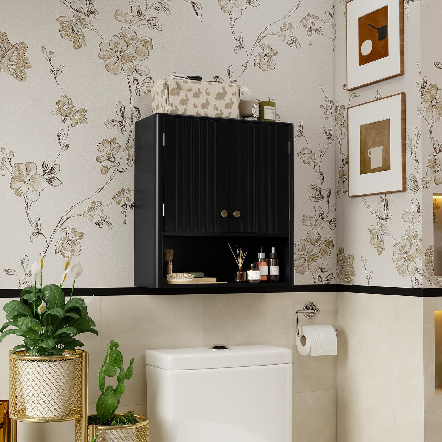 Fluted Bathroom Wall Cabinet with Open Shelf, Black Wall Cabinets at Gallery Canada