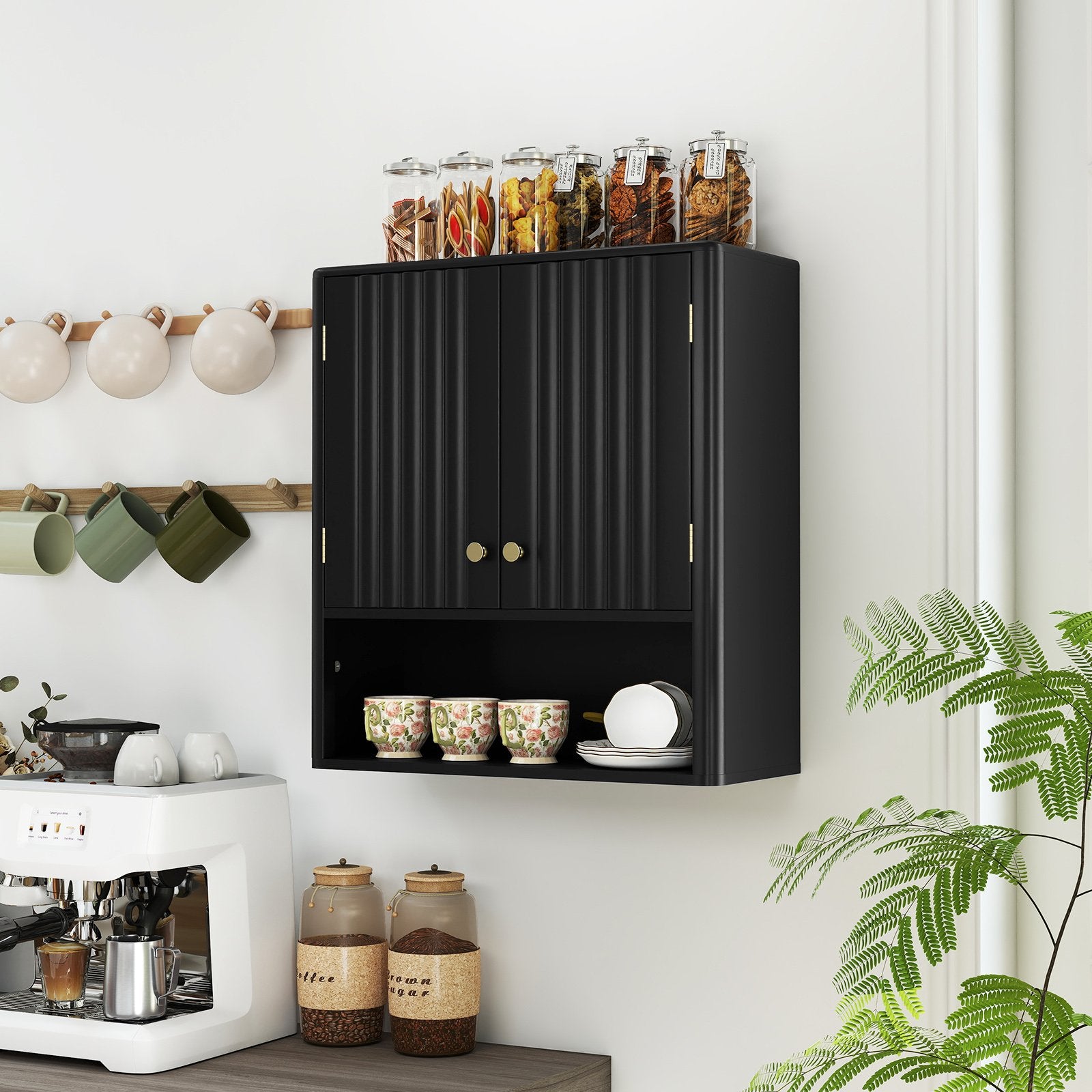 Fluted Bathroom Wall Cabinet with Open Shelf, Black Wall Cabinets at Gallery Canada