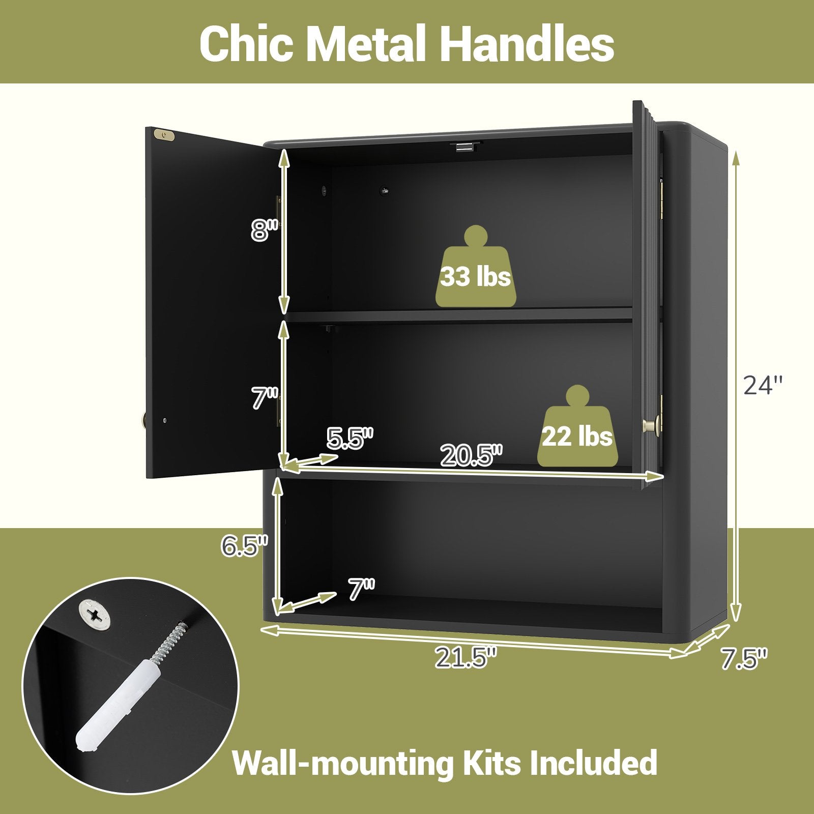 Fluted Bathroom Wall Cabinet with Open Shelf, Black Wall Cabinets at Gallery Canada