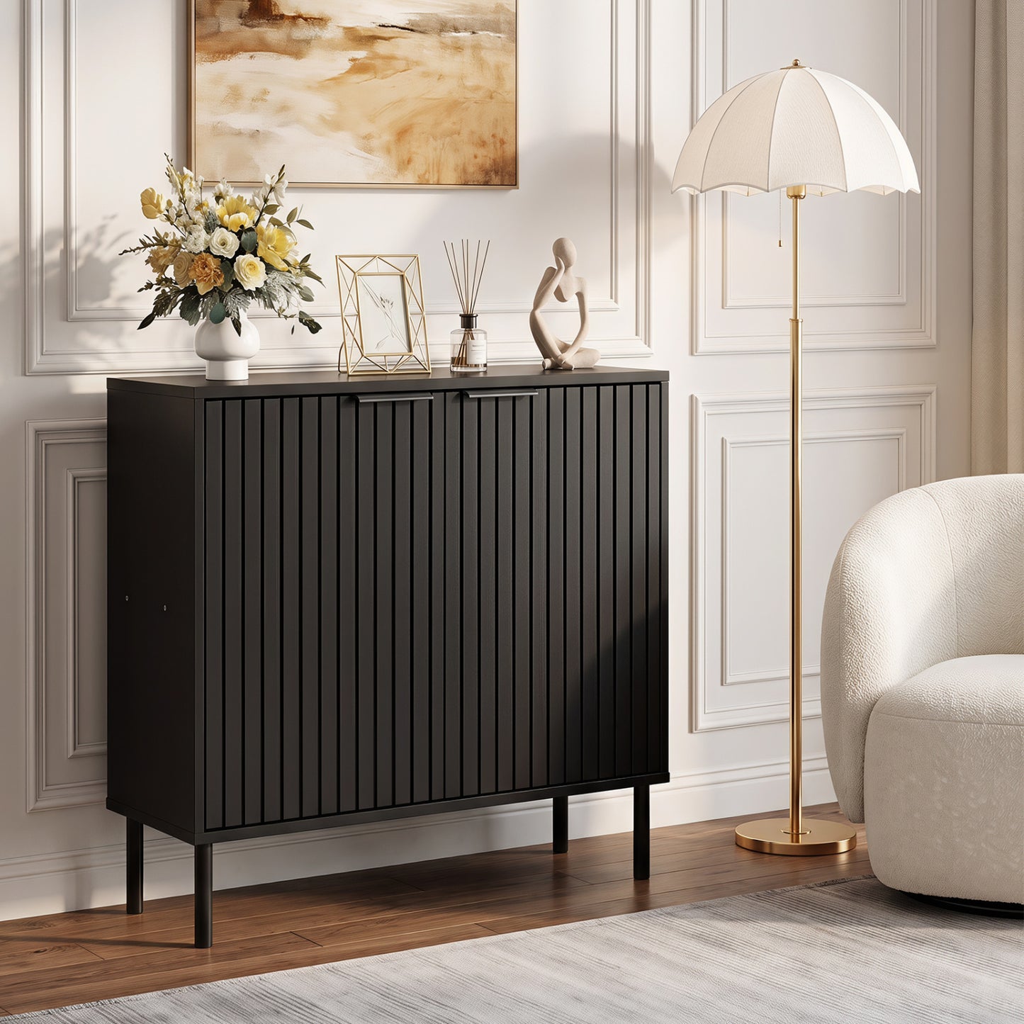Buffet à cannelures, console 2 portes, noir