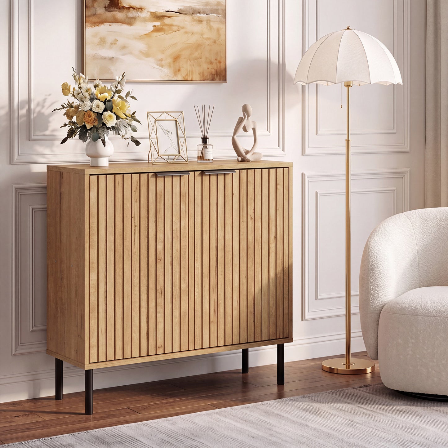 Fluted Buffet Cabinet, 2-Door Sideboard, Oak