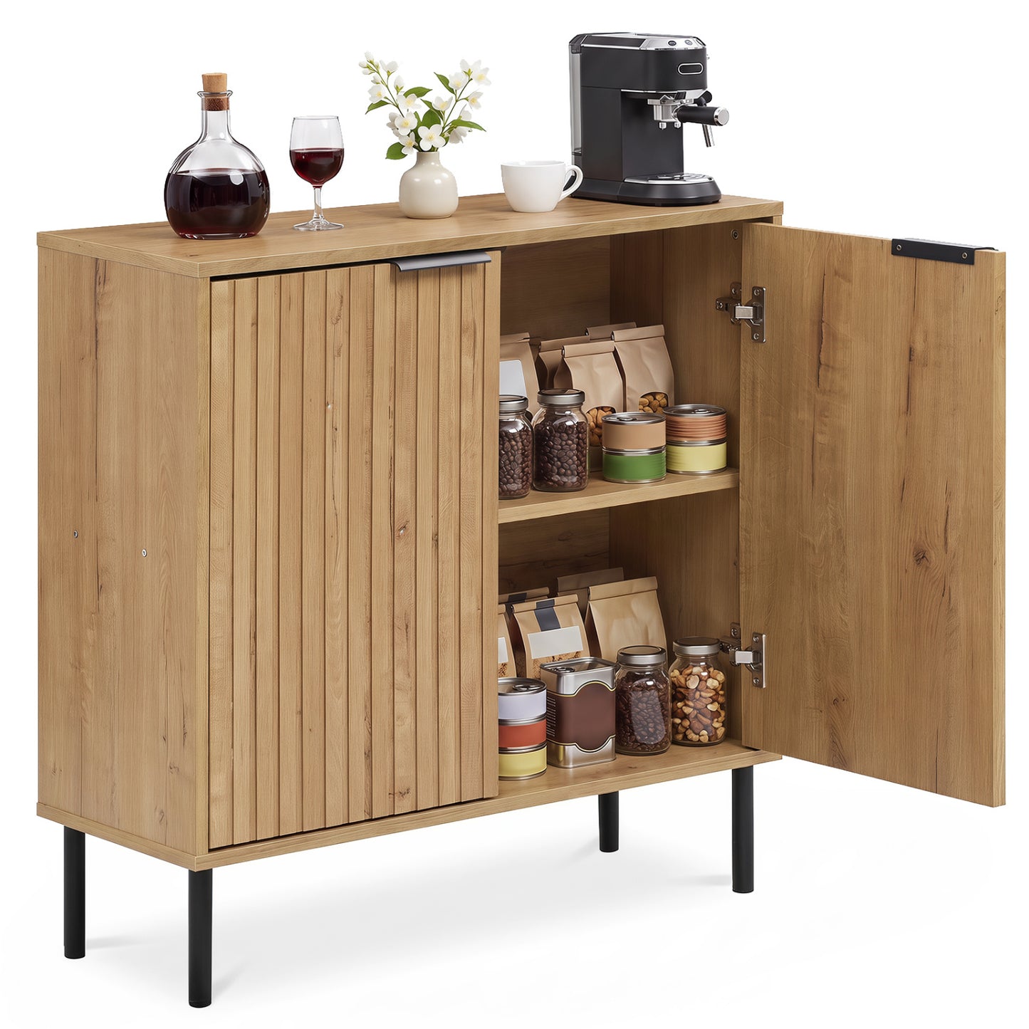 Fluted Buffet Cabinet, 2-Door Sideboard, Oak