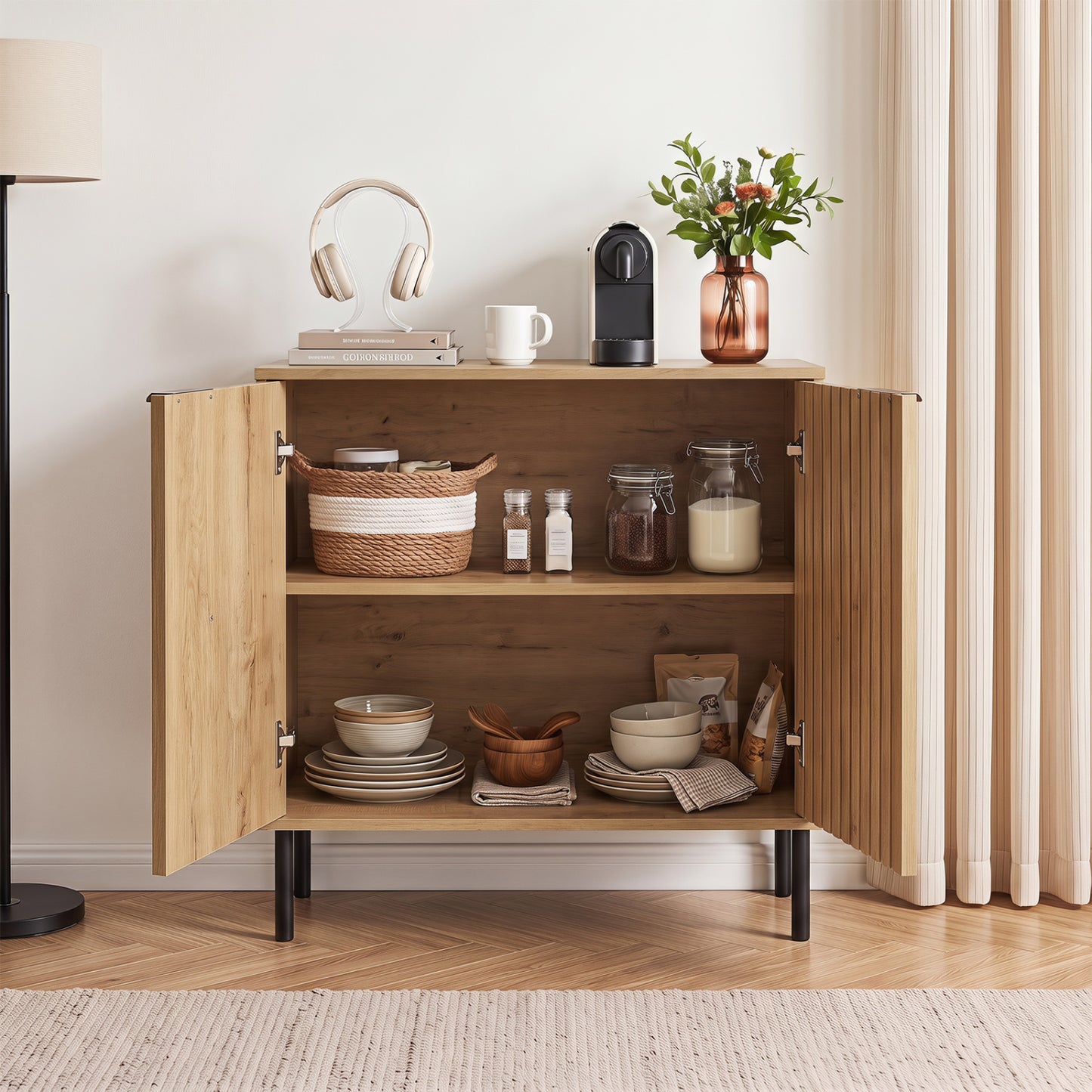 Fluted Buffet Cabinet, 2-Door Sideboard, Oak