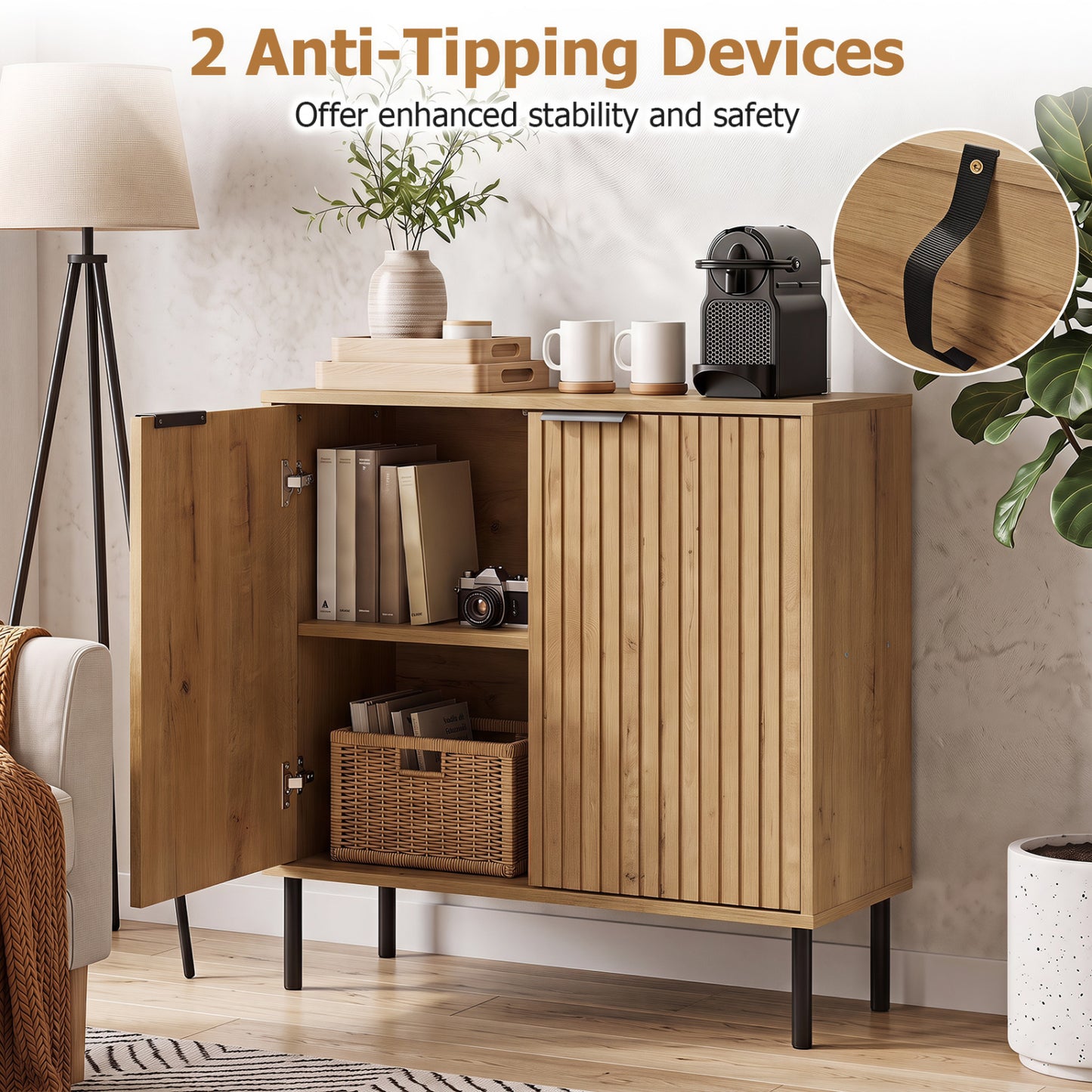 Fluted Buffet Cabinet, 2-Door Sideboard, Oak