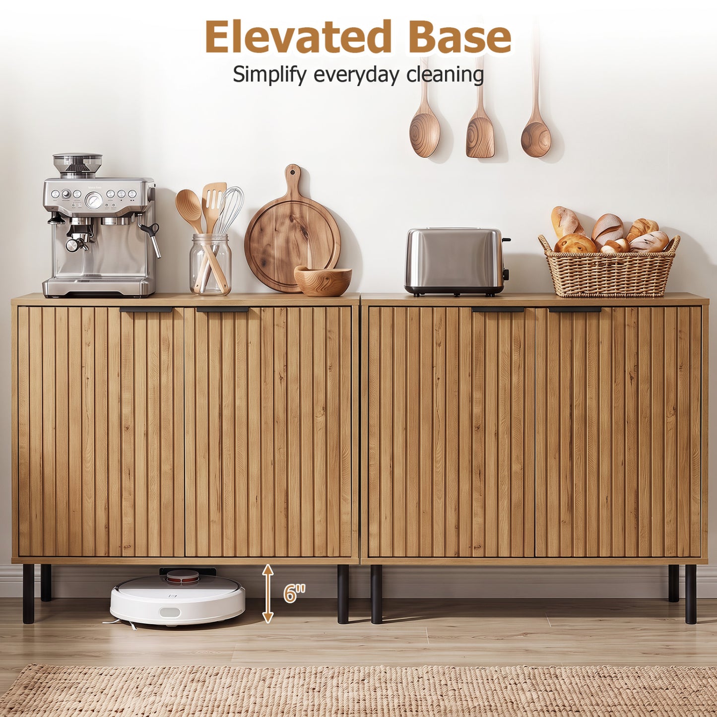 Fluted Buffet Cabinet, 2-Door Sideboard, Oak
