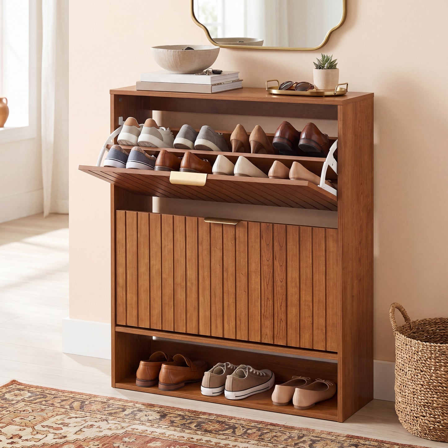 Fluted Shoe Cabinet, 2 Flip Drawers, Open Storage, Walnut