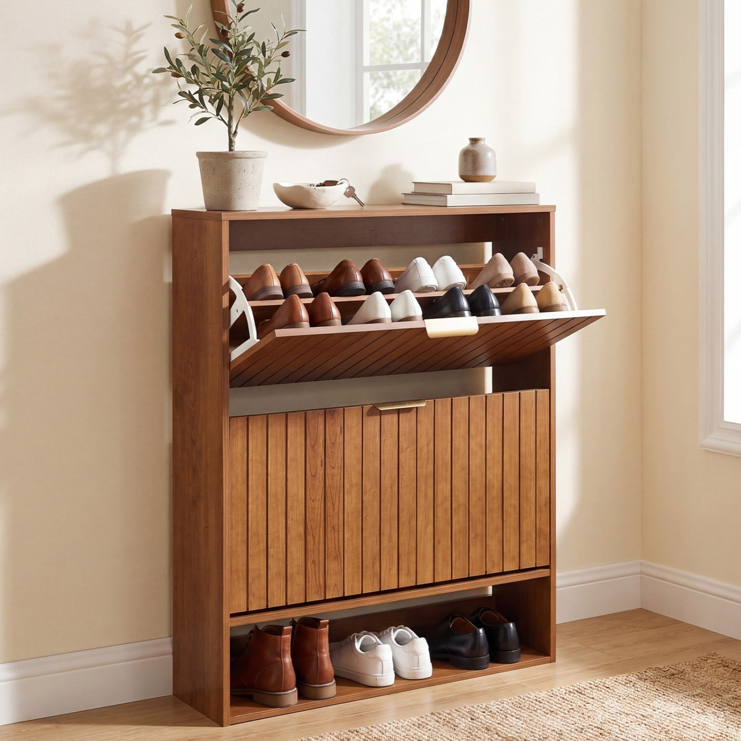 Fluted Shoe Cabinet, 2 Flip Drawers, Open Storage, Walnut