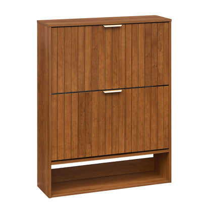 Fluted Shoe Cabinet, 2 Flip Drawers, Open Storage, Walnut