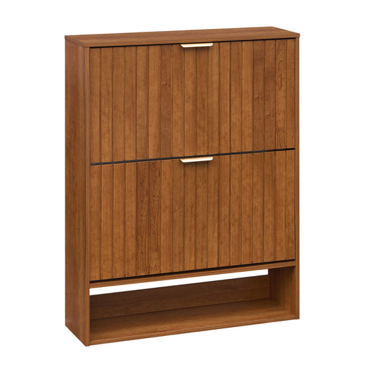 Fluted Shoe Cabinet, 2 Flip Drawers, Open Storage, Walnut Shoe Racks & Storage Benches Walnut at Gallery Canada