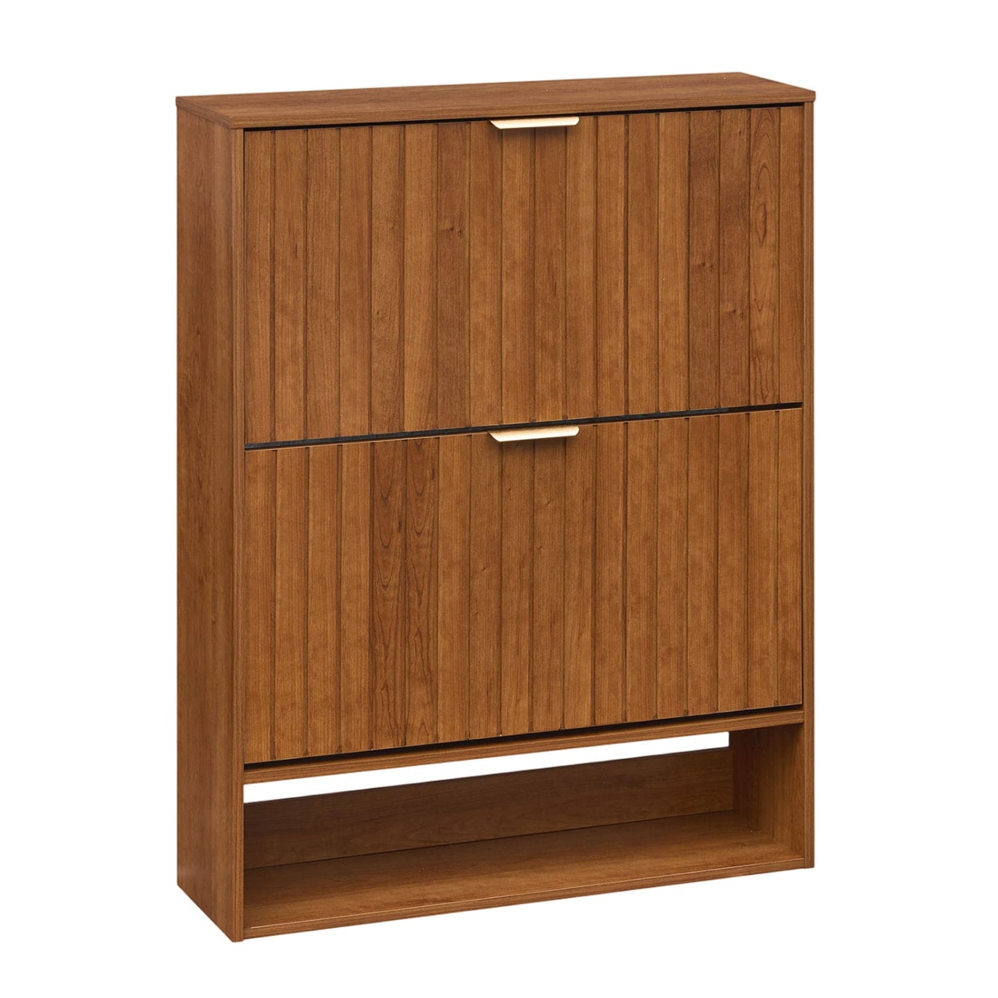 Fluted Shoe Cabinet, 2 Flip Drawers, Open Storage, Walnut Shoe Racks & Storage Benches at Gallery Canada