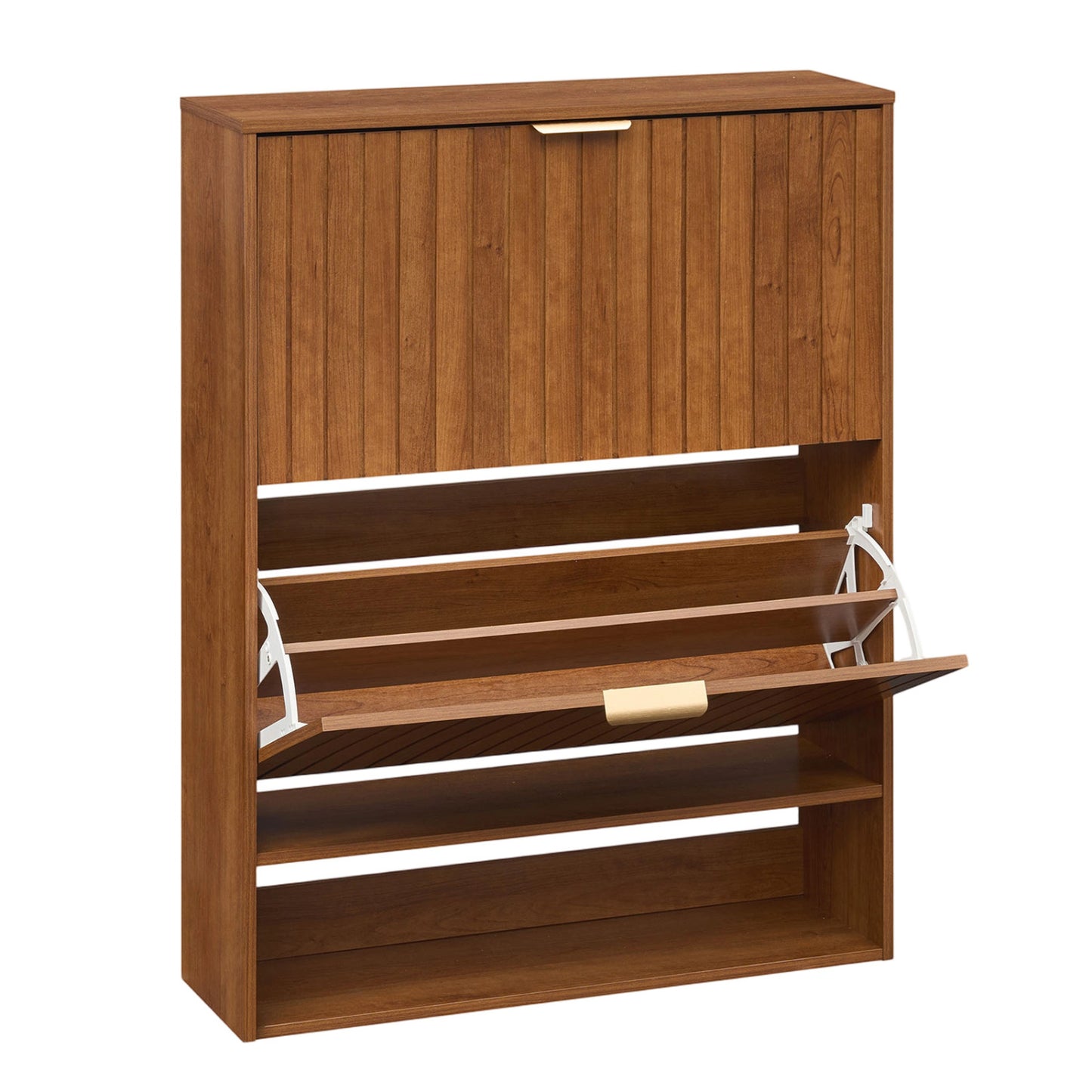 Fluted Shoe Cabinet, 2 Flip Drawers, Open Storage, Walnut
