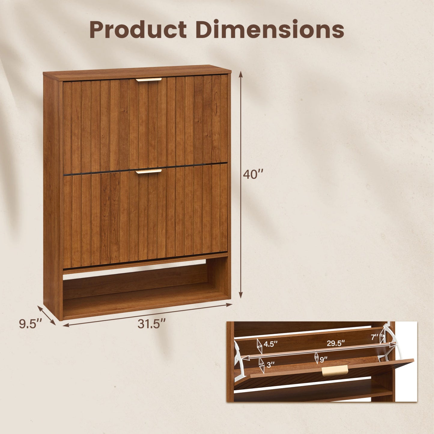 Fluted Shoe Cabinet, 2 Flip Drawers, Open Storage, Walnut