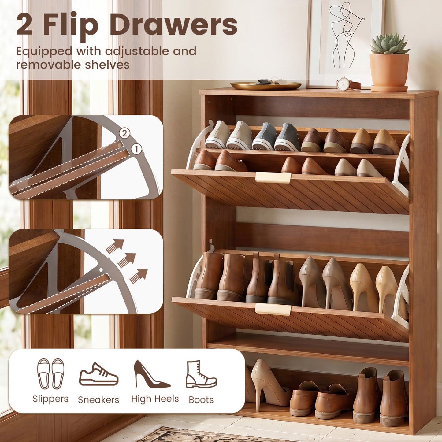 Fluted Shoe Cabinet, 2 Flip Drawers, Open Storage, Walnut