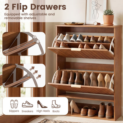 Fluted Shoe Cabinet, 2 Flip Drawers, Open Storage, Walnut