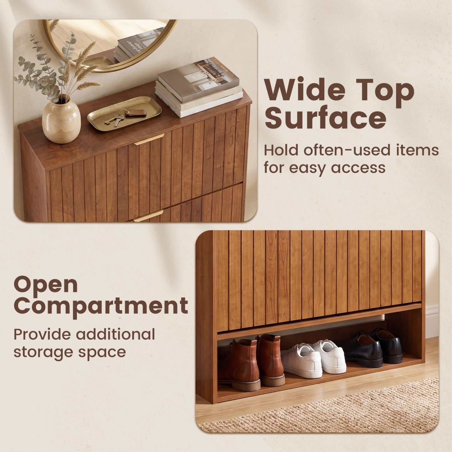 Fluted Shoe Cabinet, 2 Flip Drawers, Open Storage, Walnut