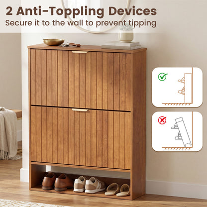 Fluted Shoe Cabinet, 2 Flip Drawers, Open Storage, Walnut