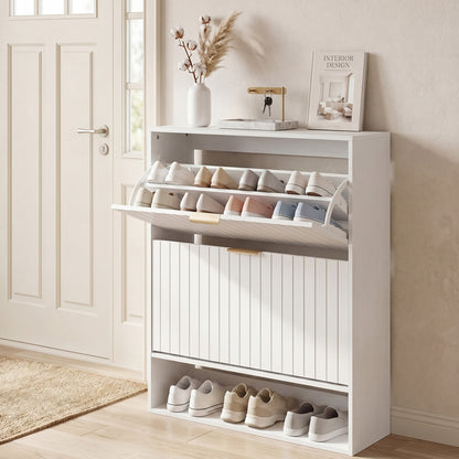 Fluted Shoe Cabinet, 2 Flip Drawers, Open Storage, White