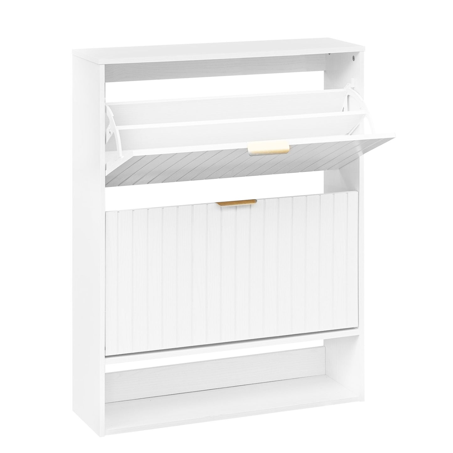 Fluted Shoe Cabinet, 2 Flip Drawers, Open Storage, White
