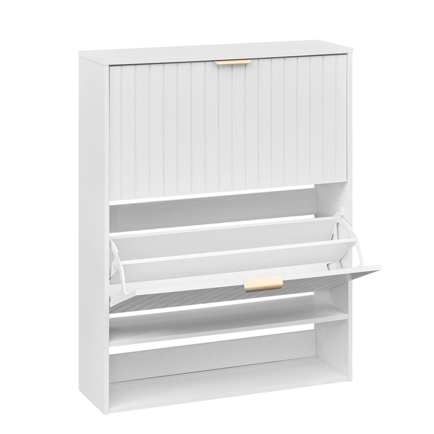 Fluted Shoe Cabinet, 2 Flip Drawers, Open Storage, White