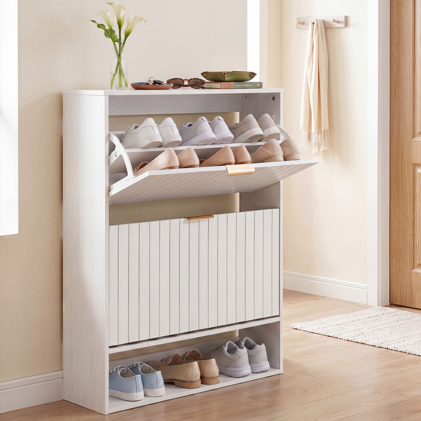 Fluted Shoe Cabinet, 2 Flip Drawers, Open Storage, White