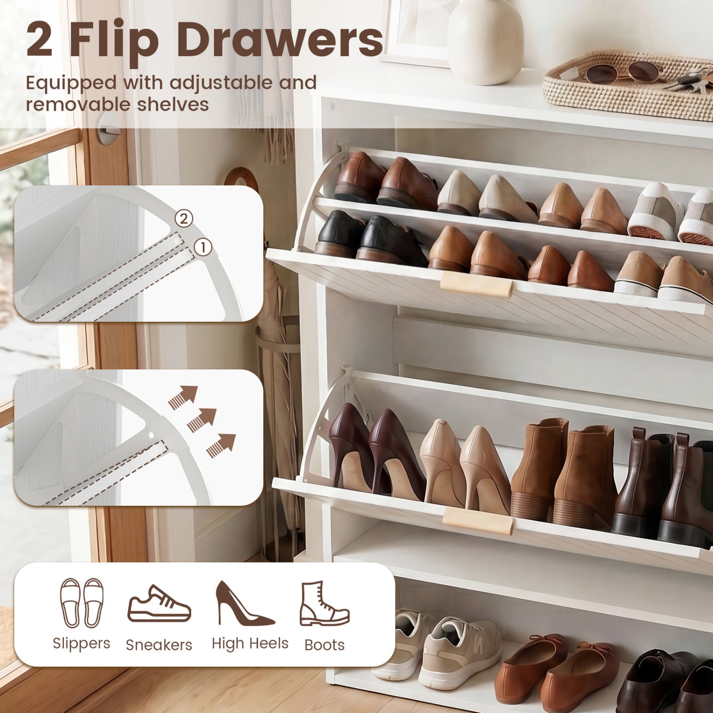 Fluted Shoe Cabinet, 2 Flip Drawers, Open Storage, White