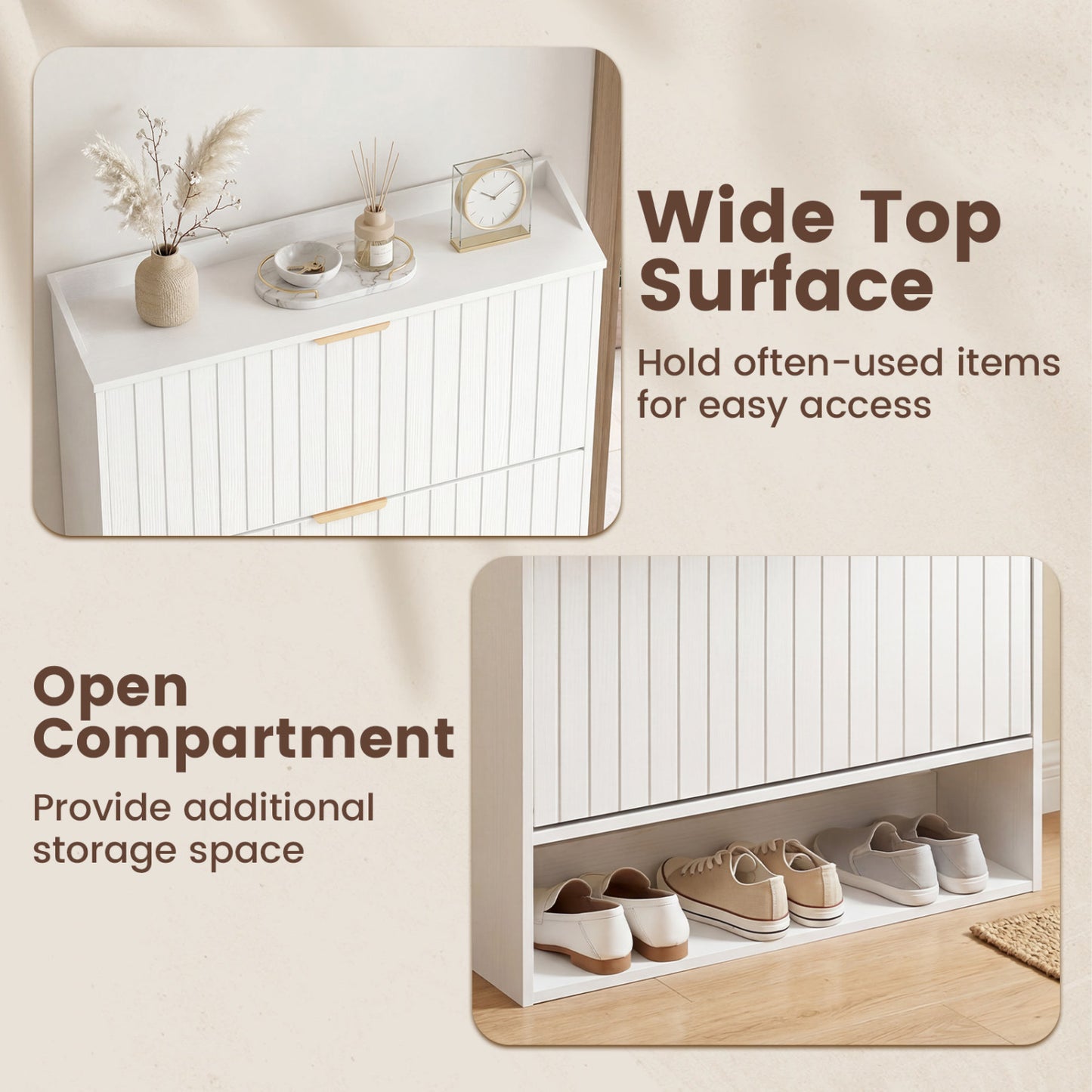 Fluted Shoe Cabinet, 2 Flip Drawers, Open Storage, White