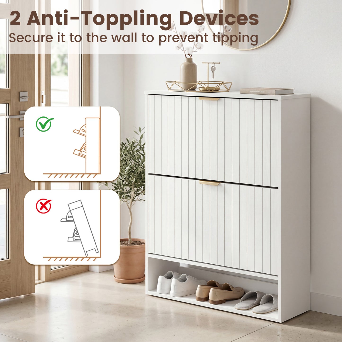 Fluted Shoe Cabinet, 2 Flip Drawers, Open Storage, White
