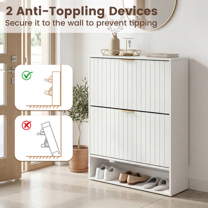 Fluted Shoe Cabinet, 2 Flip Drawers, Open Storage, White