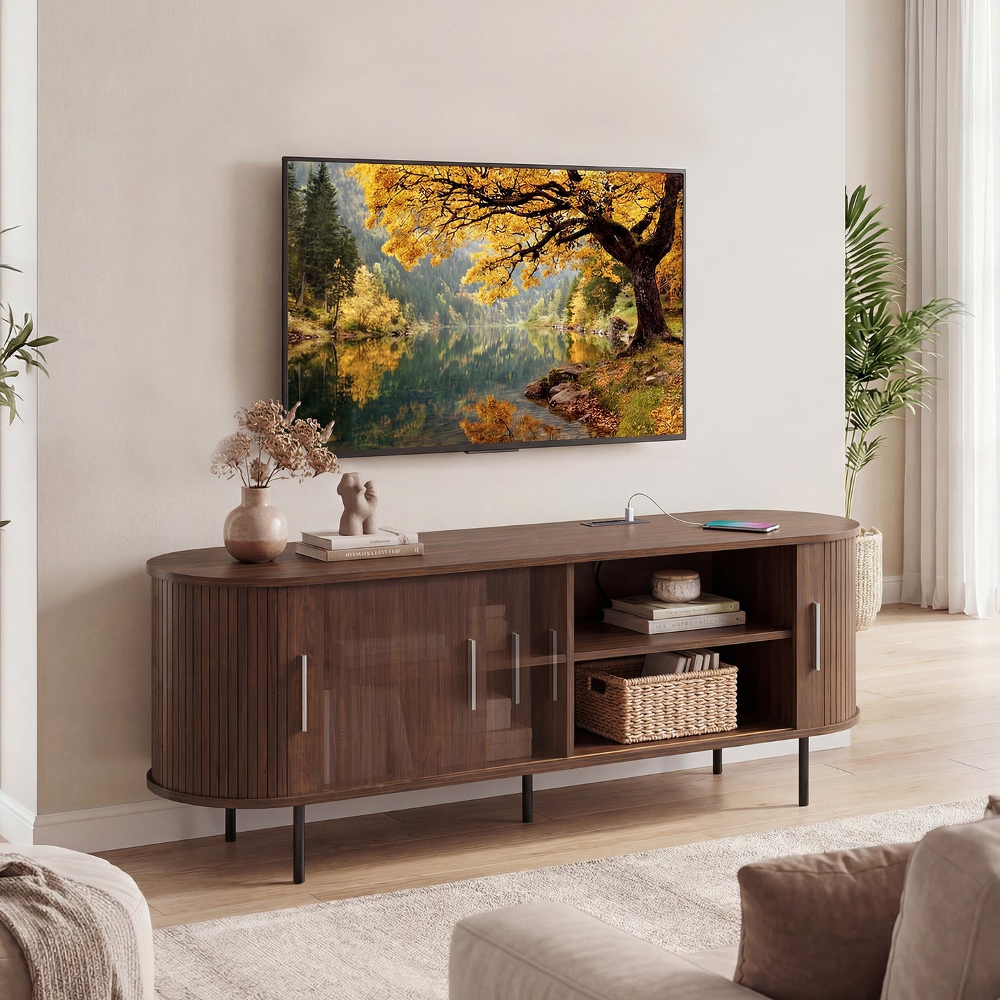 Fluted TV Stand, 60", Mid Century Curved Entertainment Center, Walnut Entertainment Centers & TV Stands at Gallery Canada