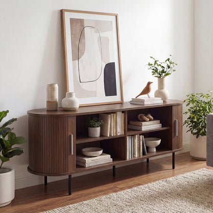 Fluted TV Stand, 60", Mid Century Curved Entertainment Center, Walnut Entertainment Centers & TV Stands at Gallery Canada