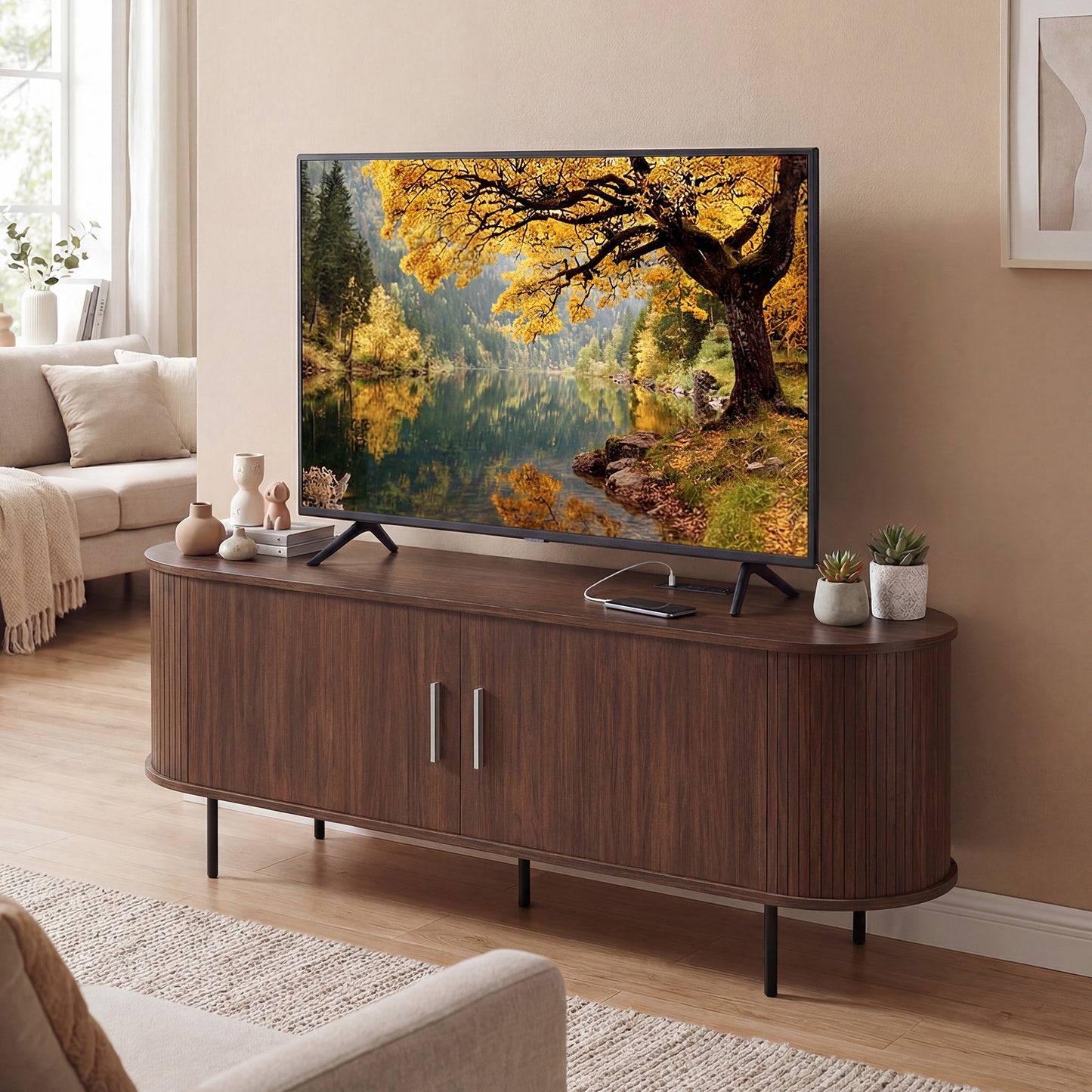 Fluted TV Stand, 60", Mid Century Curved Entertainment Center, Walnut Entertainment Centers & TV Stands at Gallery Canada