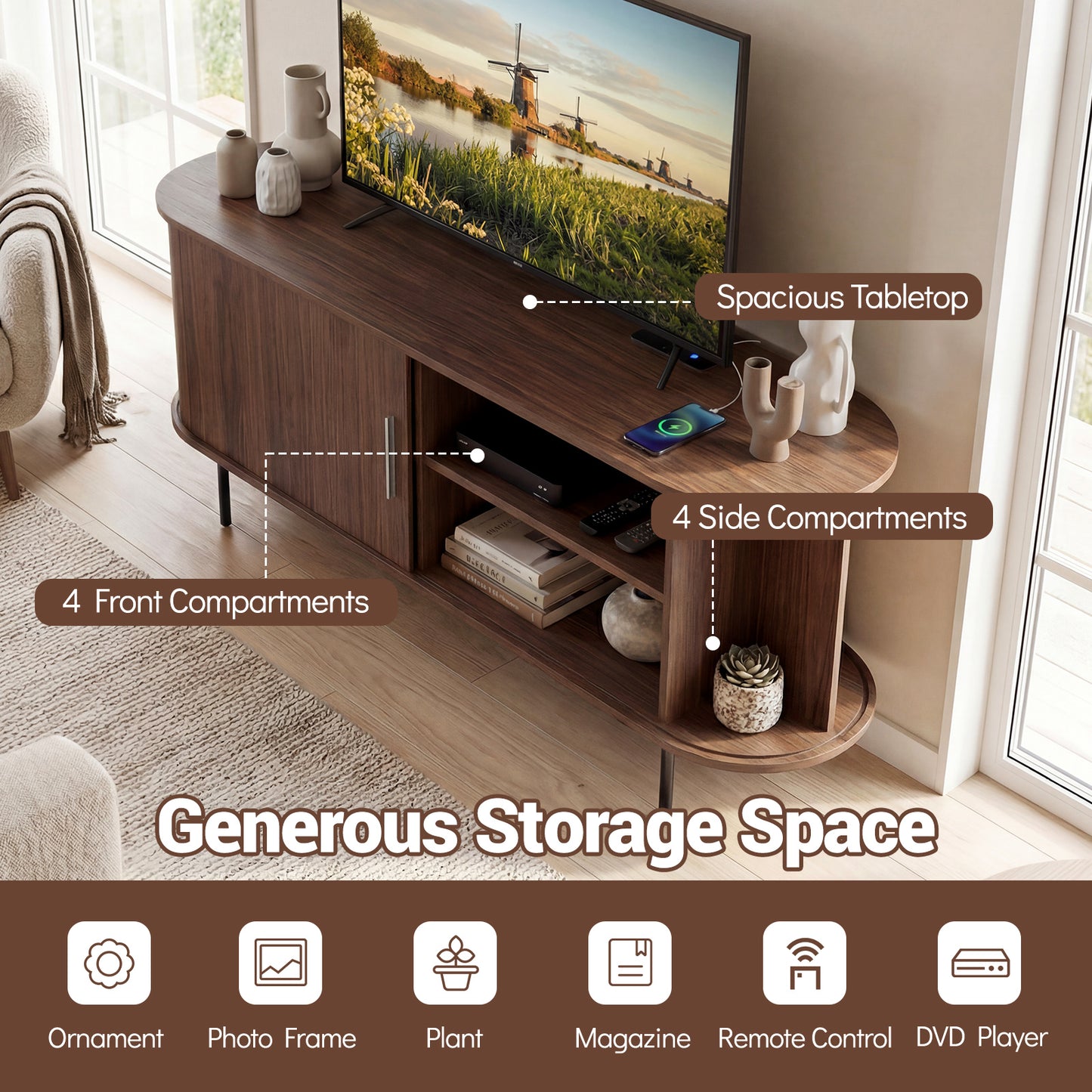 Fluted TV Stand, 60", Mid Century Curved Entertainment Center, Walnut Entertainment Centers & TV Stands at Gallery Canada
