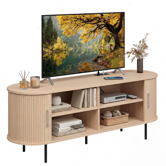 Fluted TV Stand For 60", Mid Century, Curved, Natural Entertainment Centers & TV Stands Natural at Gallery Canada