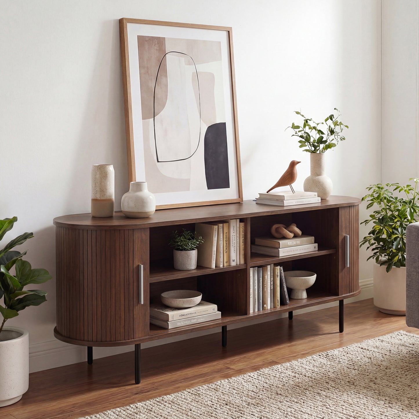 Fluted TV Stand, 60", Mid Century Curved Entertainment Center, Walnut Entertainment Centers & TV Stands at Gallery Canada