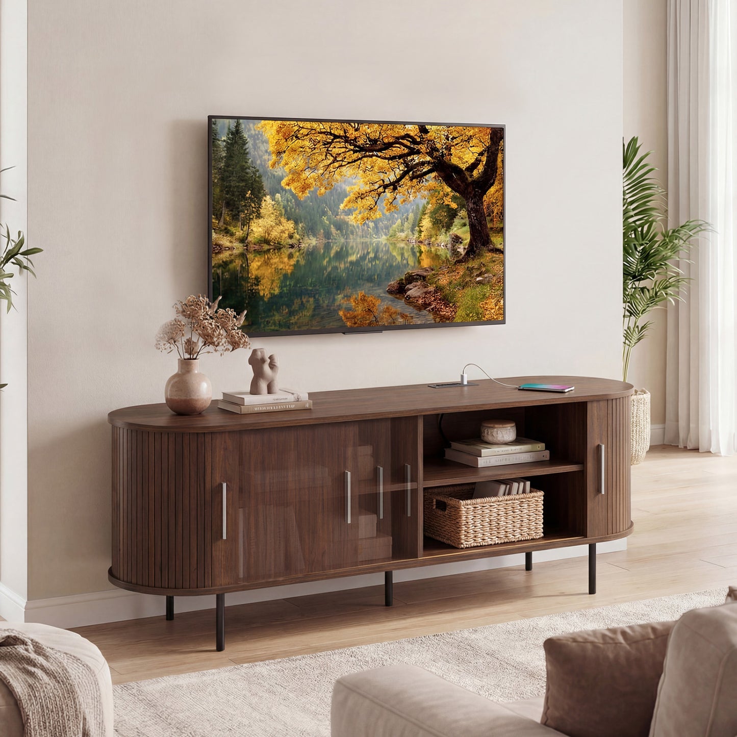 Fluted TV Stand, 60", Mid Century Curved Entertainment Center, Walnut Entertainment Centers & TV Stands at Gallery Canada
