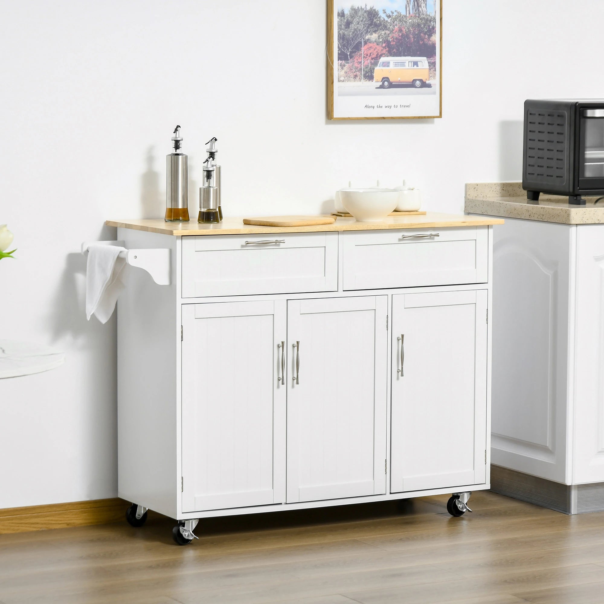 Rolling Kitchen Island, Cart with 2 Drawers, 3 Door Cabinets, 3-Doors, White Kitchen Islands & Kitchen Carts at Gallery Canada