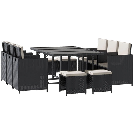11 Piece Wicker Patio Dining Set with Glass Table, 6 Chairs & Ottomans Outdoor Dining Sets Black, Cream White at Gallery Canada