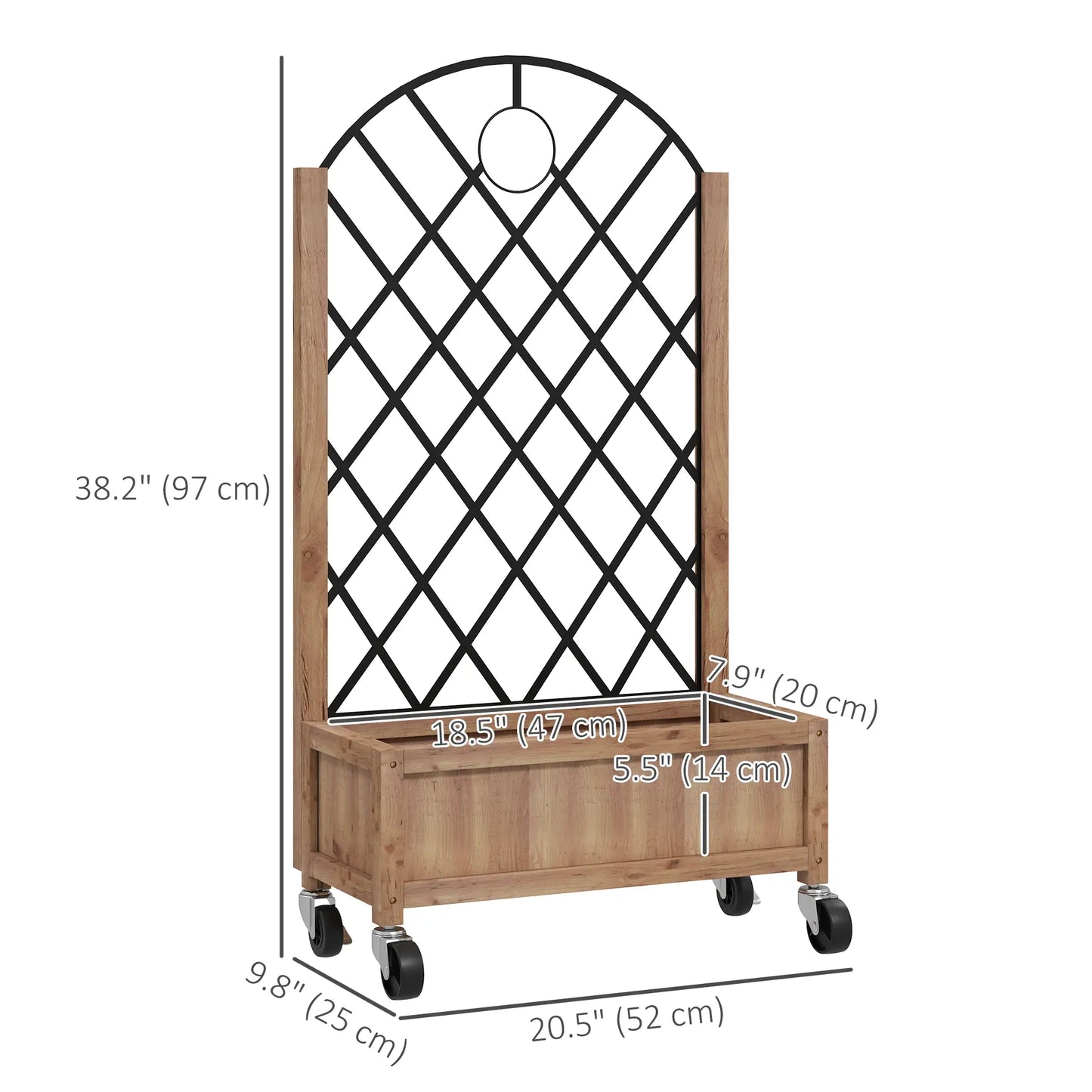Raised Garden Bed With Metal Trellis, Elevated Planter Box With Wheels, 20.5" x 9.8" x 38.2", Brown Wooden Planter Boxes at Gallery Canada