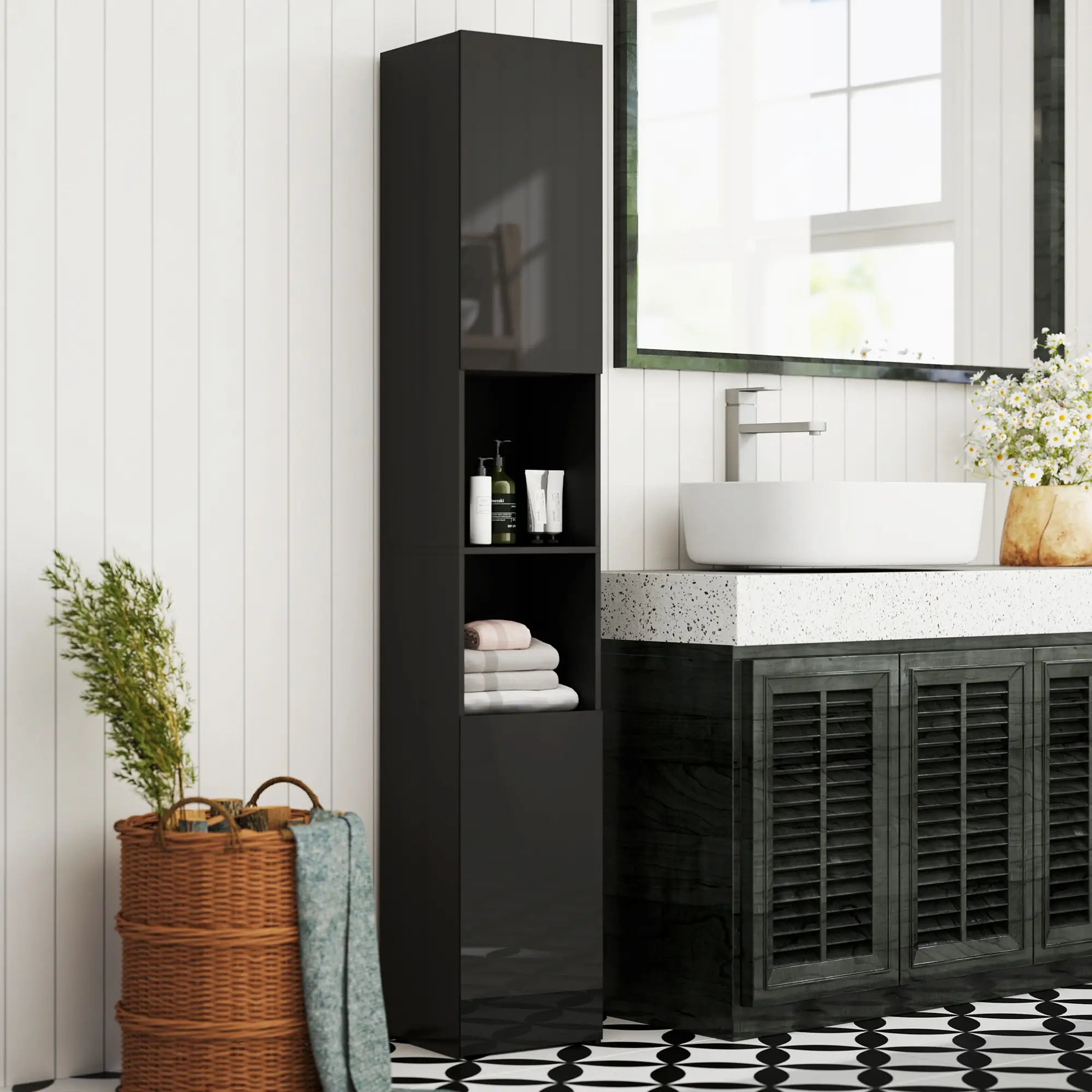 Tall Bathroom Cabinet, High Gloss Storage, Adjustable Shelves, 11.8