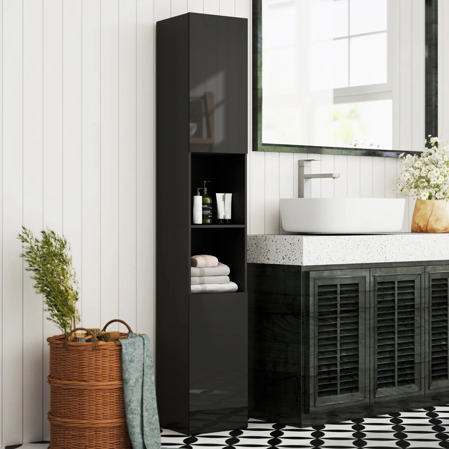 Tall Bathroom Cabinet, High Gloss Storage, Adjustable Shelves, 11.8" x 11.8" x 71.5", Black Bathroom Cabinets at Gallery Canada
