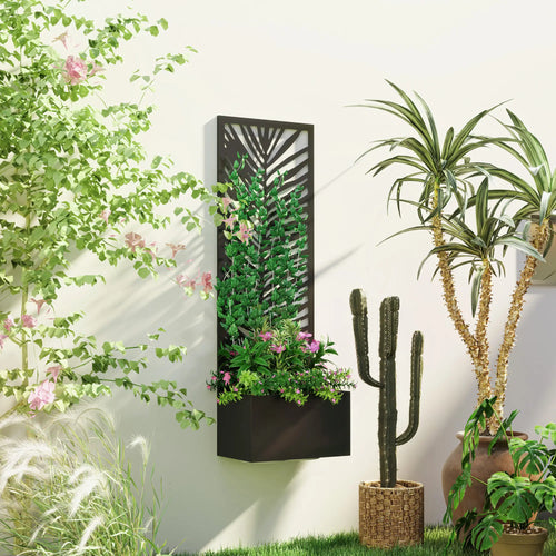 Raised Garden Bed, Outdoor Privacy Screen, Metal Planter Box with Trellis, Wall-Mounted, Black