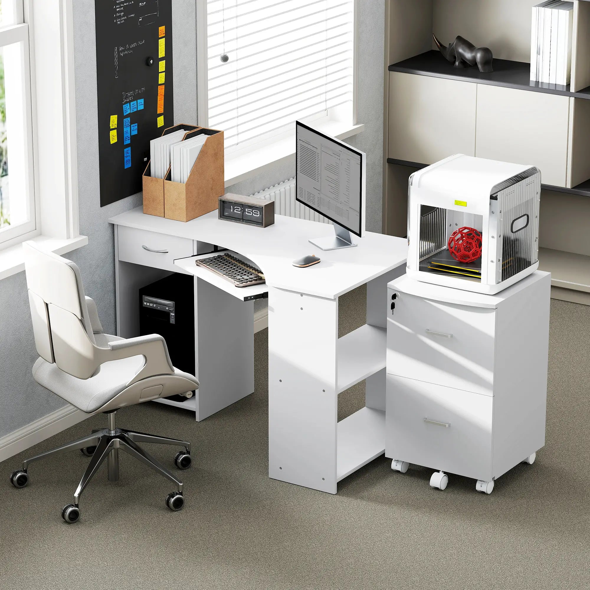 L-Shaped Computer Desk, File Cabinet Set, White Computer Desks at Gallery Canada