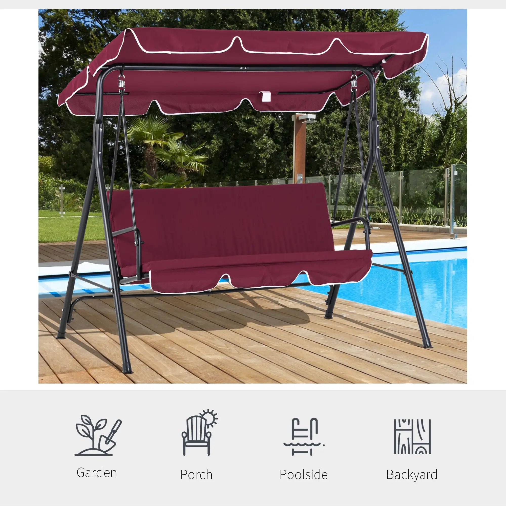 3-Seater Outdoor Porch Swing, Adjustable Canopy, Wine Red Patio Swings with Stand at Gallery Canada