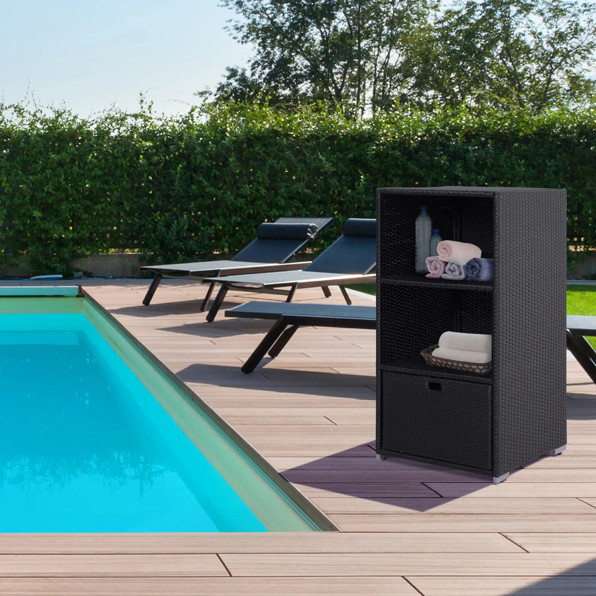Outdoor Storage Cabinet, Rattan Wicker Pool Towel Organizer, Dark Brown Patio Storage Boxes at Gallery Canada