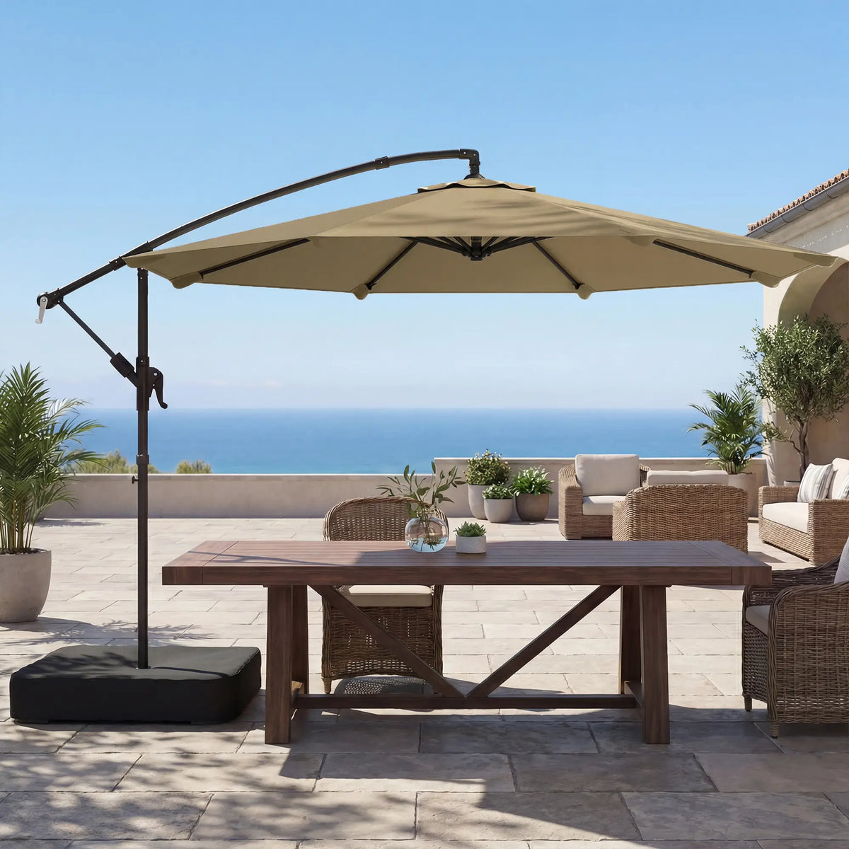 9.6 ft Offset Patio Umbrella, Sandbag, 360° Rotation, Khaki Offset Cantilever Umbrellas at Gallery Canada