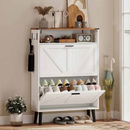 Shoe Storage Cabinet With 2 Flip Drawers, Farmhouse Narrow, White
