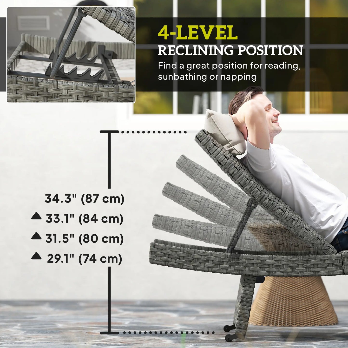 Folding Wicker Outdoor Chaise Lounge, 4-Level Adjustable Backrest, Grey Wicker Chaise Loungers at Gallery Canada