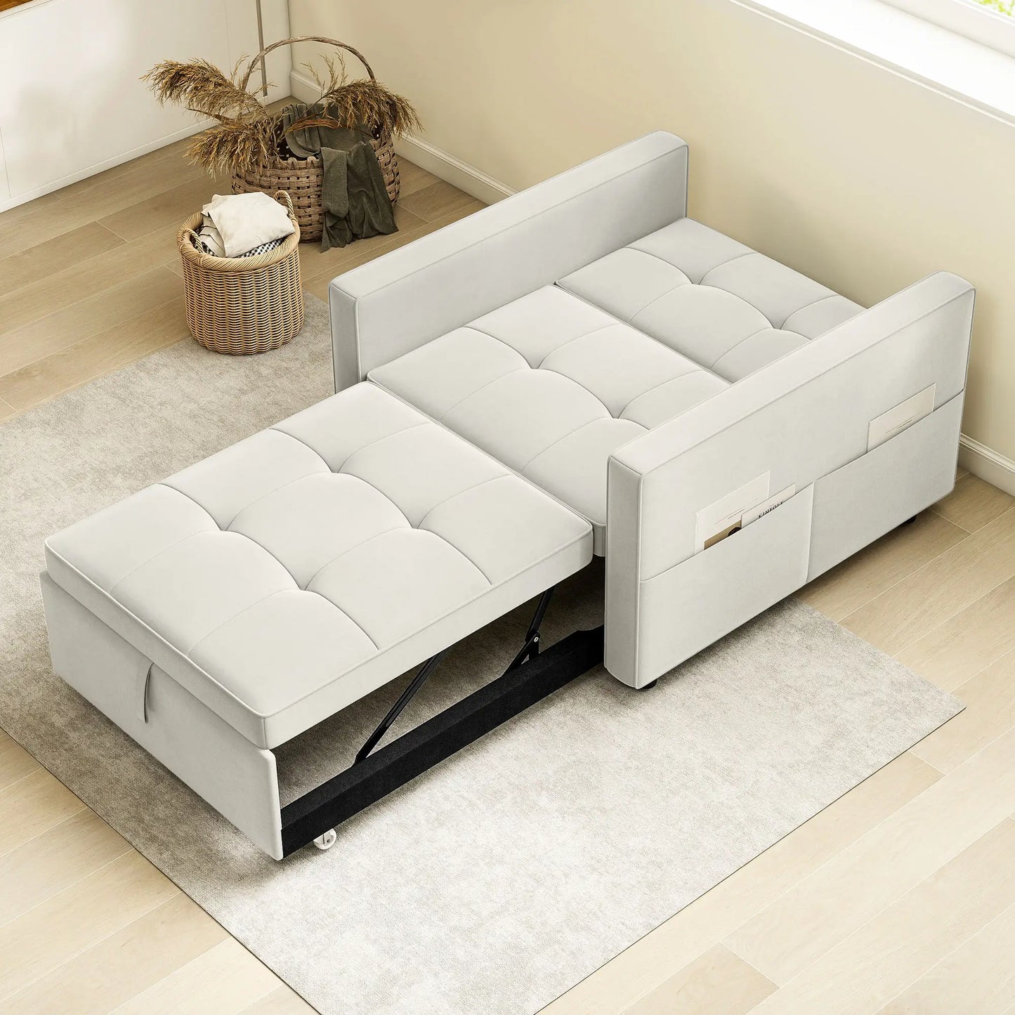 Convertible Chair Bed, Pull Out Sleeper with USB, Adjustable Backrest, Velvet Futon, Cream White Single Sofas at Gallery Canada