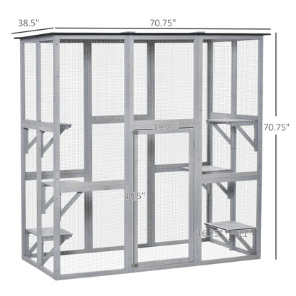 Large Outdoor Catio Enclosure, Weatherproof Cat House, Wooden Patio Cage, 6 Platforms, 71" x 39" x 71", Grey Outdoor Cat Enclosures at Gallery Canada