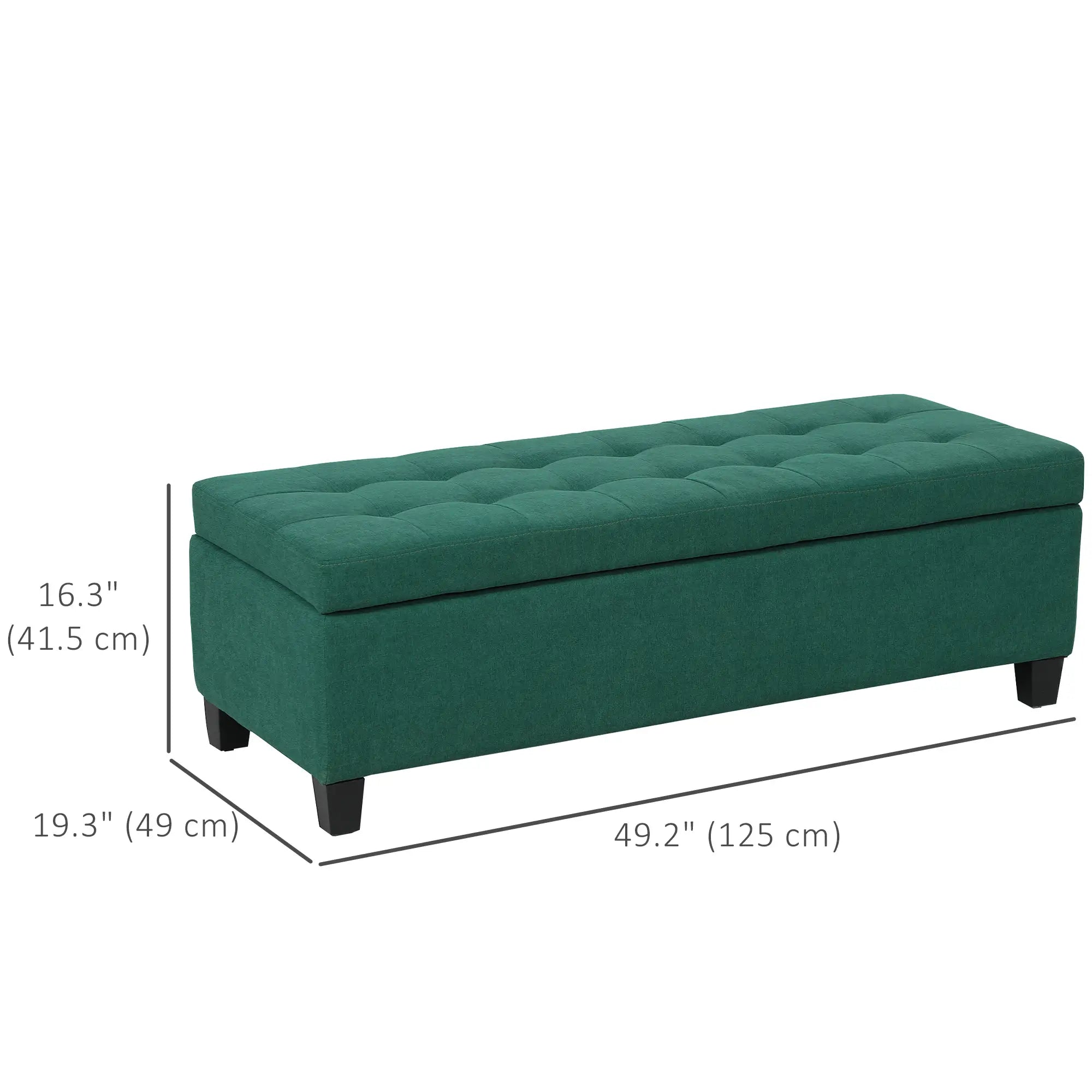 Rectangular Entry Bench, Tufted Upholstered Linen, Wood Feet, Dark Green Storage Ottomans & Benches at Gallery Canada